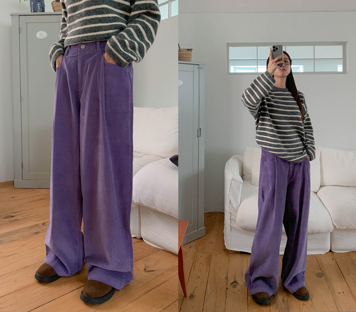 Warpy Corduroy Pintuck Banding Wide Pants