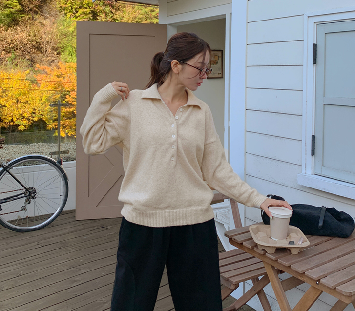 Peeling Button Collar Wool Knit